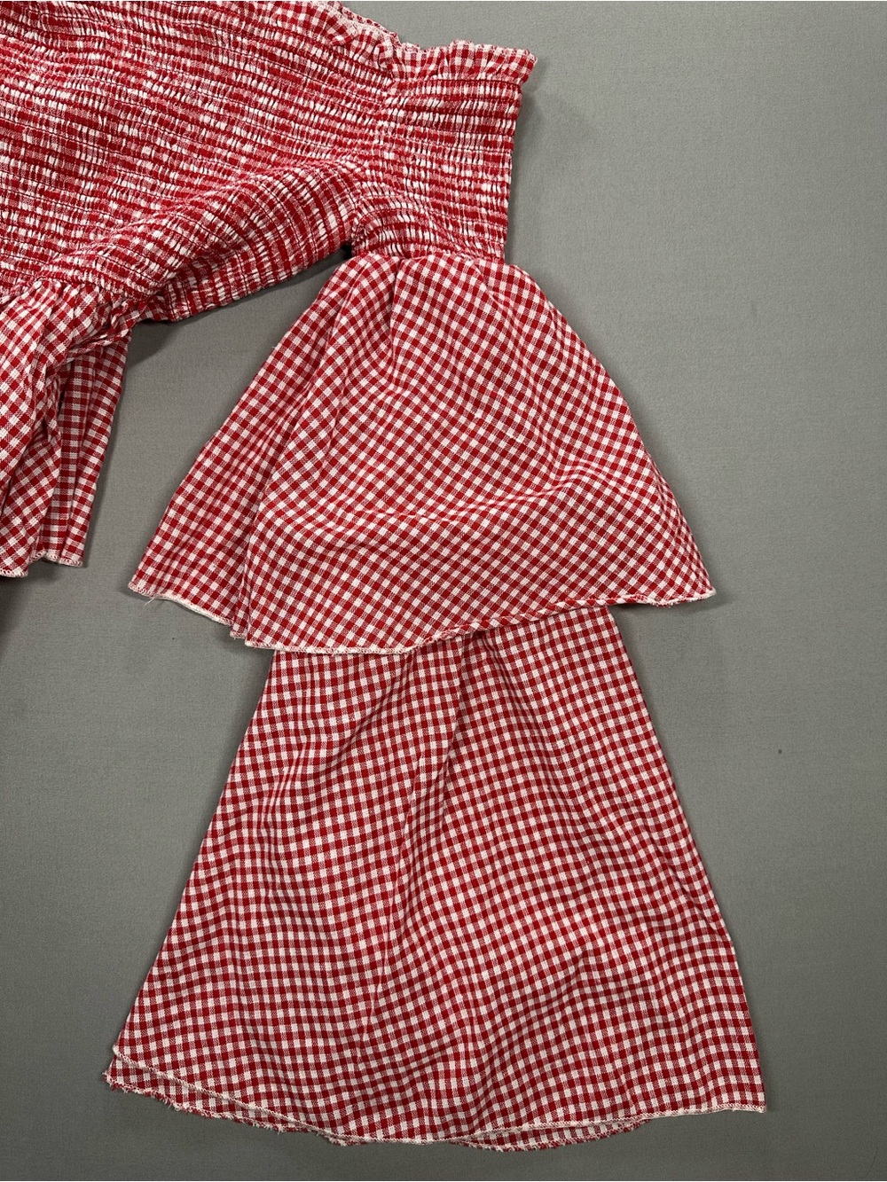 Us Together Off The Shoulder Bell Sleeve Shirred Ruffle Top, Gingham - Large - Picture 7 of 13